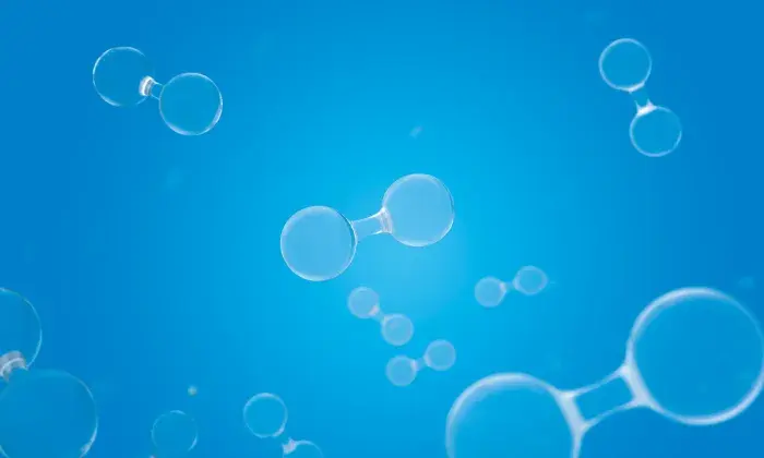 Illustration of hydrogen molecules floating against a bright blue background, symbolizing green hydrogen production.