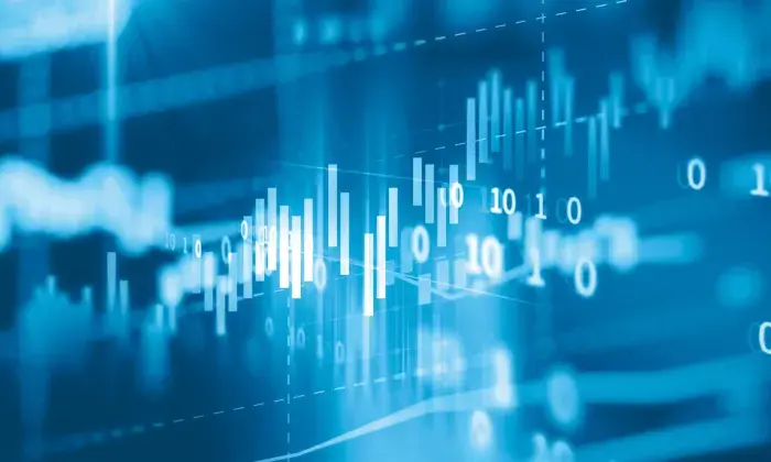 A digital representation of financial data with bar charts and binary code, symbolizing investments and economic strategies.