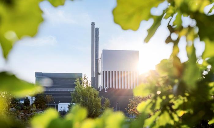OGK Nuclear plant framed by leaves in sunlight