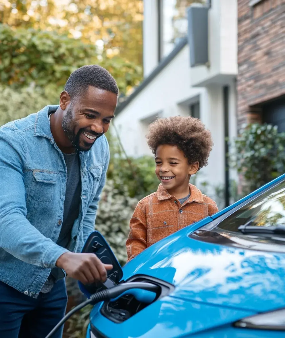 Men plugging in electric car