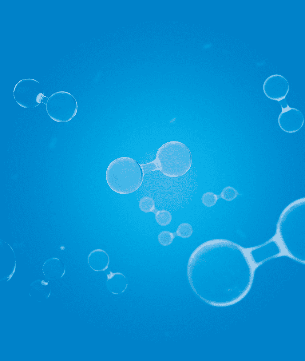  Transparent hydrogen molecules floating against a bright blue background, symbolizing clean hydrogen energy.