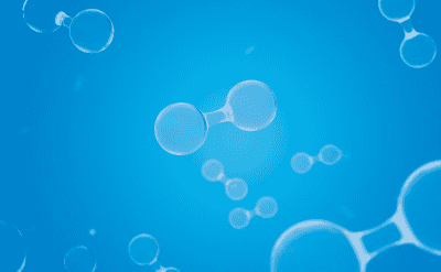  Transparent hydrogen molecules floating against a bright blue background, symbolizing clean hydrogen energy.