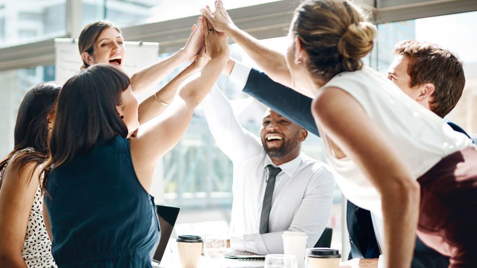 Sechs männliche und weibliche Kolleg:innen freuen sich und klatschen sich bei einer Besprechung im Büro gegenseitig ab