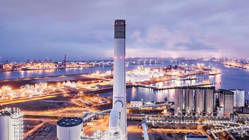 Aerial view of Maasvlakte power plant in the Netherlands at night