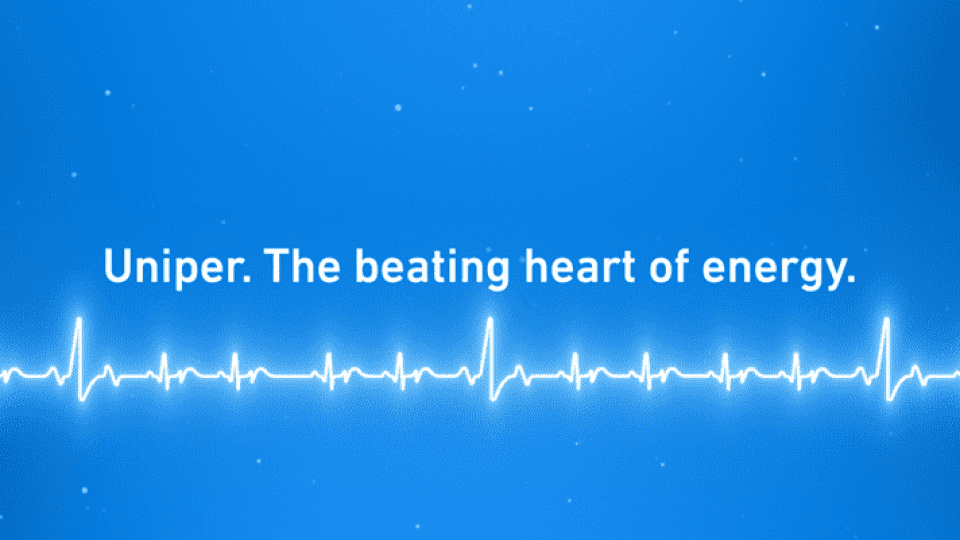 Uniper "The beating heart of energy" Schriftzug mit Herzschlaglinie auf blauem Hintergrund