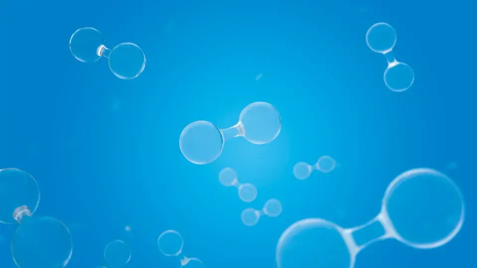 Illustration of hydrogen molecules floating against a bright blue background, symbolizing green hydrogen production.