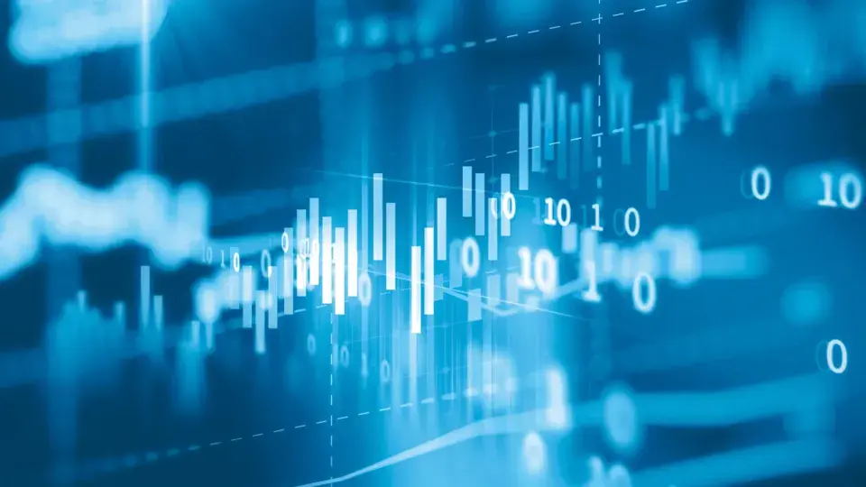 A digital representation of financial data with bar charts and binary code, symbolizing investments and economic strategies.