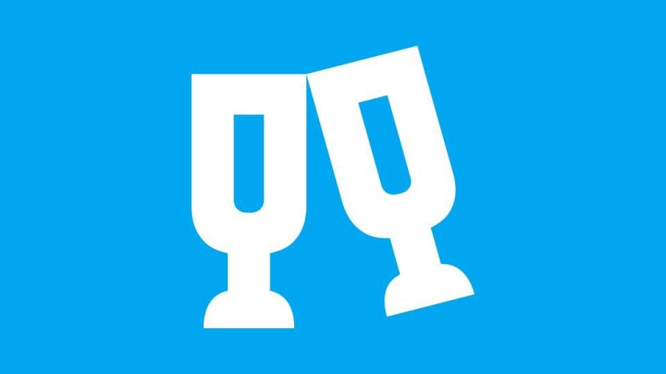 White icon of two champagne glasses clinking together on a bright blue background, symbolizing celebration or social events