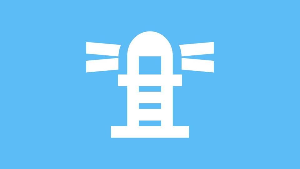 White icon of a beacon or lighthouse emitting light beams on a light blue background, symbolizing guidance or illumination.