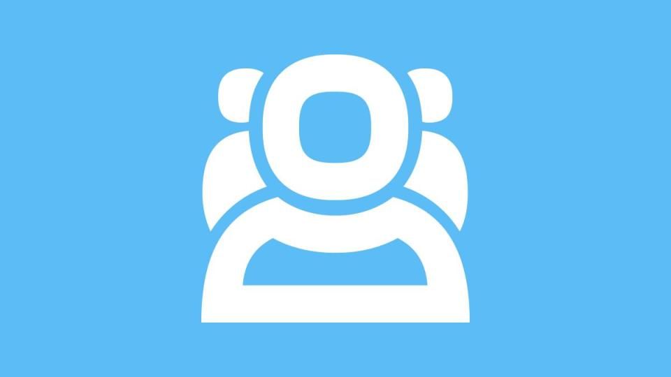 White icon representing a group of people on a bright blue background, symbolizing collaboration or community.