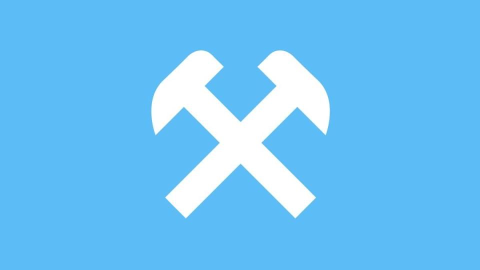 White crossed hammers icon on a light blue background, symbolizing tools or industry.