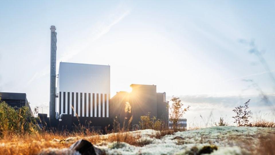Nuclear building from the outside in winter sunlight