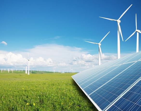 Image of solar panels in the foreground and wind turbines in the background