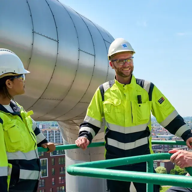 Three Uniper workers wearing high-visibility clothing and safety helmets standing outdoors on a platform near large industrial equipment, engaged in conversation.