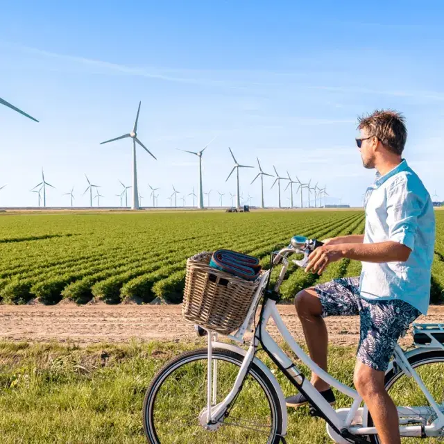 A person on a bicycle in a rural landscape, looking at a field of wind turbines generating renewable energy under a clear blue sky.